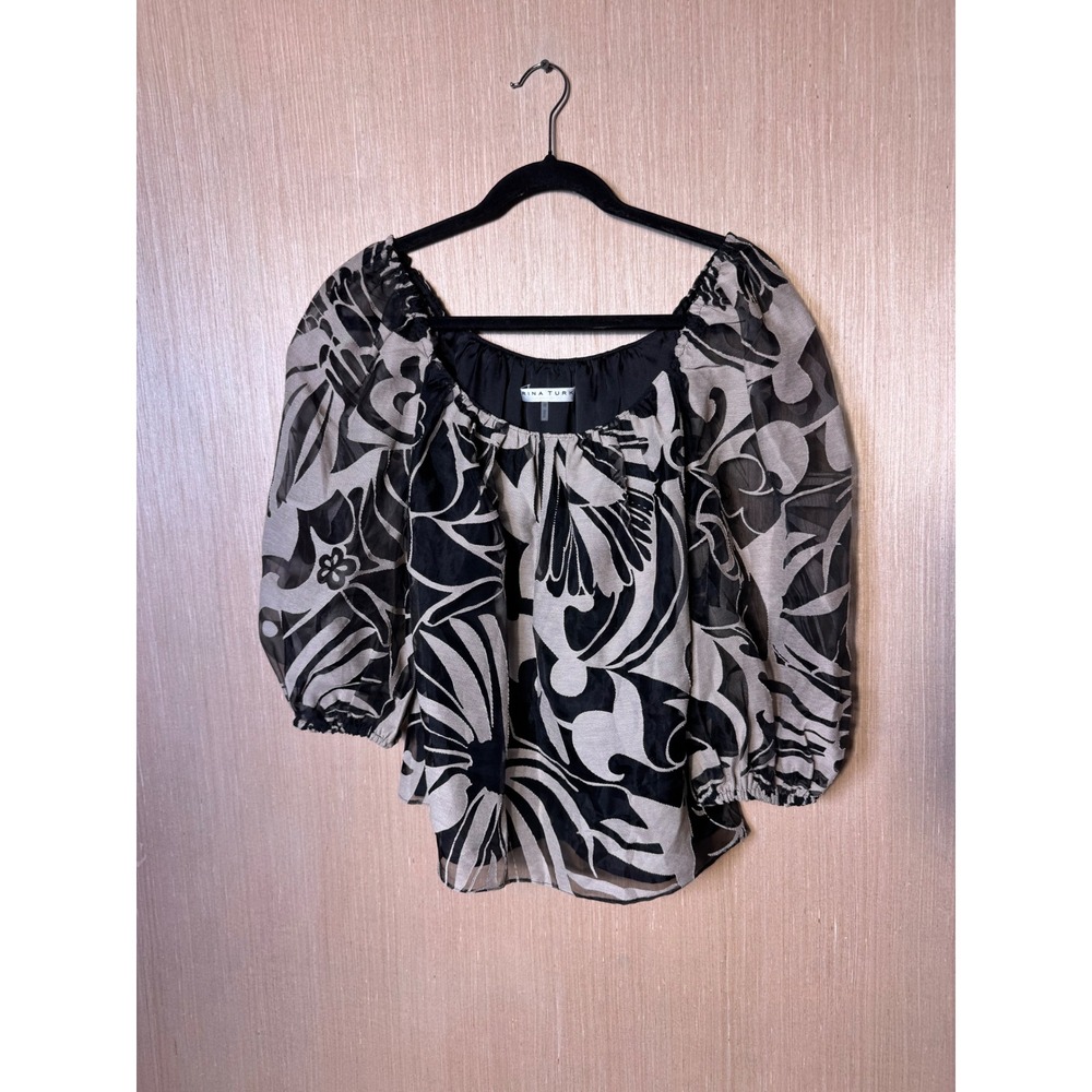 Trina Turk Womens Black Tan Floral Abstract Puff Sleeve Blouse Top Small